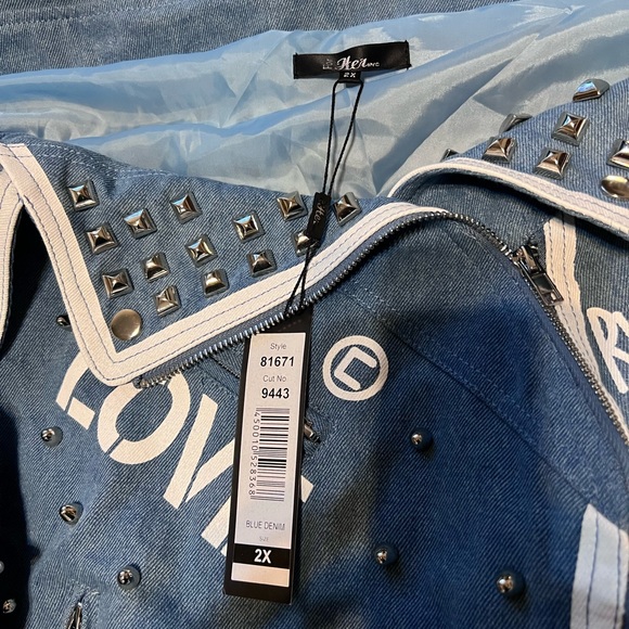 For Her NYC Belted Off-shoulder Studded Denim/Leopard Print Jacket Size 2X - Picture 5 of 15